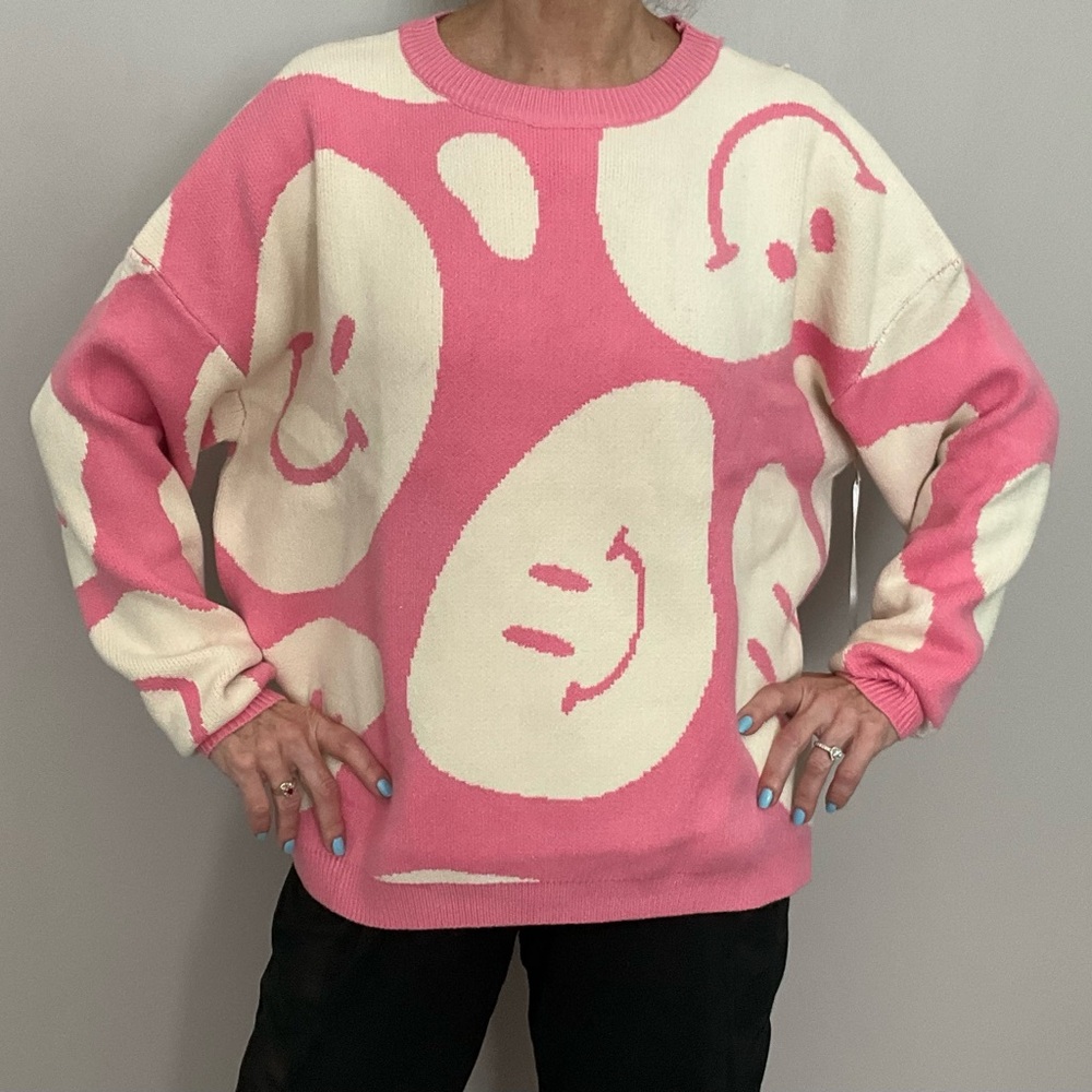 Bailey and Rose Oversized Smiley Sweater Pink and White Small/Medium